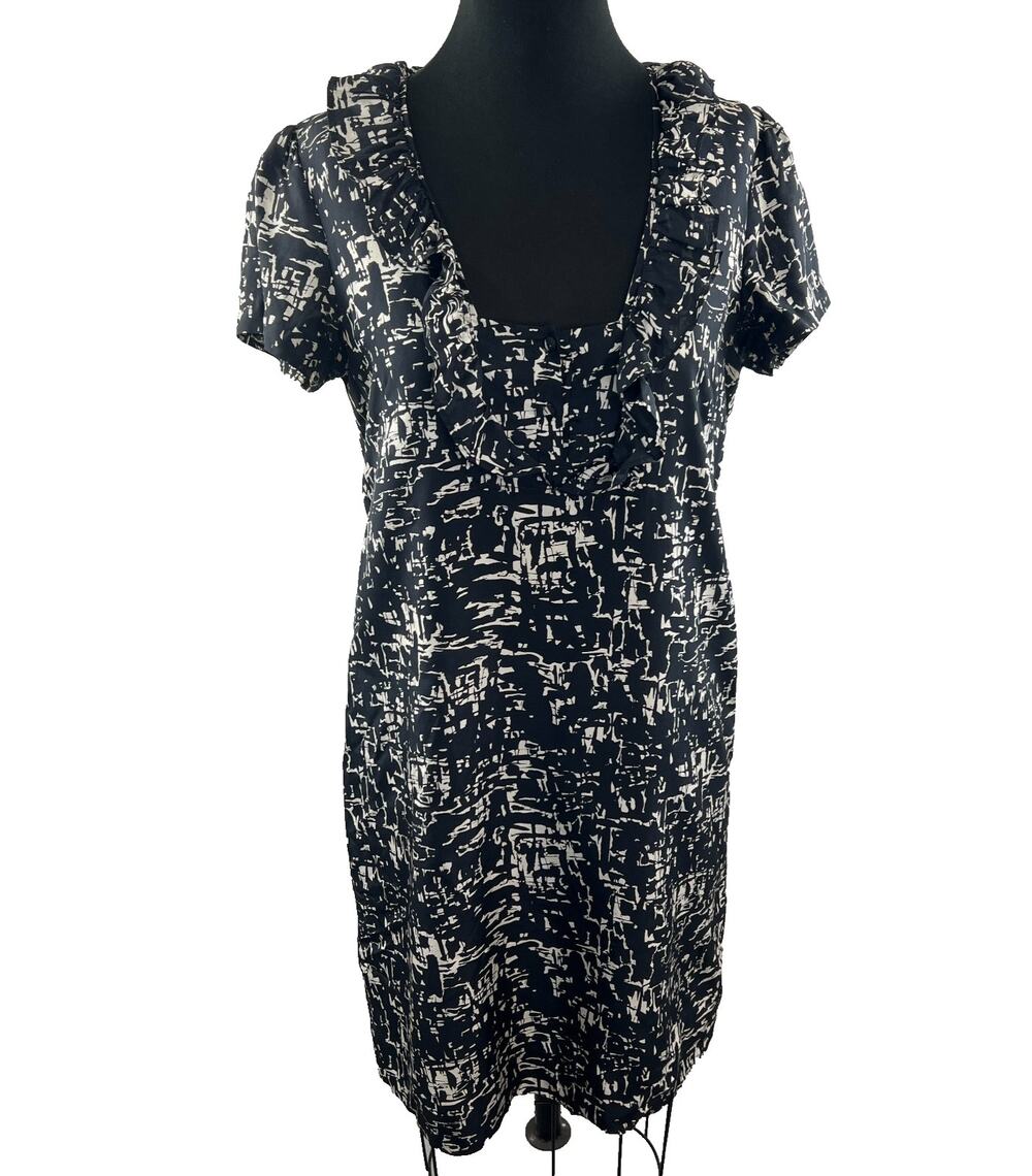 J CREW Black White Print Silk Ruffle Button Dress Size 8 Medium M FLAW
